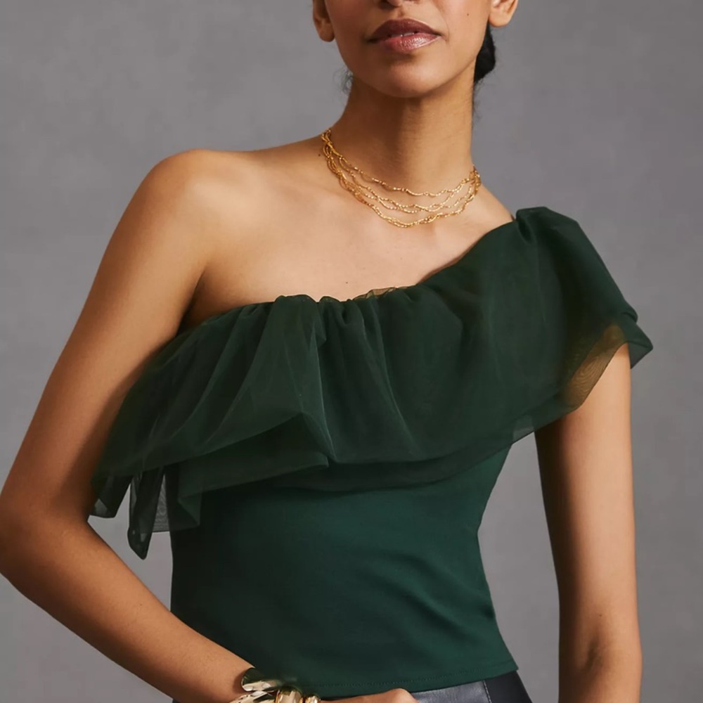 Anthropologie Sunday in Brooklyn Forest Green Asymmetrical Tulle Ruffle Top M - Picture 2 of 13